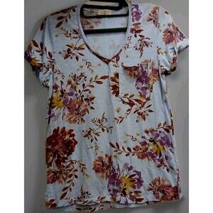 T.LA Anthropologie Women’s Small Floral V-Neck Pocket Tee Blue Pink Boho EUC